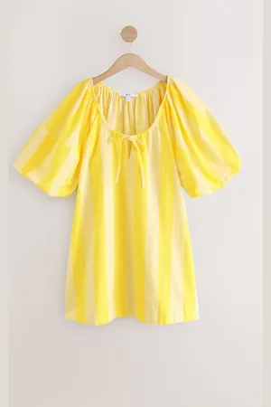 Next Yellow Stripe 100% Cotton Puff Sleeve Tie Front Mini Dress