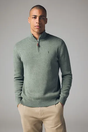 Next Sage Stag Plain Regular Fit 100% Cotton Premium Quarter Zip Jumper