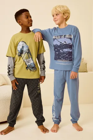 Next Citrine Yellow/Purple Checkerboard 2 Pack Long Sleeve Pyjamas (3-16yrs)