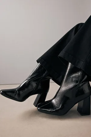 Next Patent Forever Comfort Square Toe Block Heeled Ankle Boots
