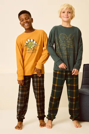 Next Ochre Yellow Dino Check Cosy Fleece Pyjamas 2 Pack (3-14yrs)