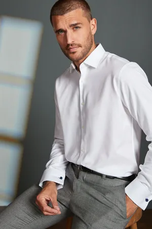 Next Regular Fit 100% Cotton Signature Textured Double Cuff Smart Shirt With Trim Detail