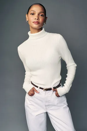 Next Ecru High Roll Neck Rib Knitted Jumper with Wool
