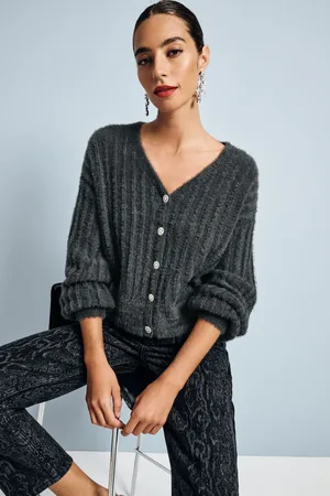 Next Charcoal Soft Touch Fluffy V-Neck Ribbed Knitted Cardigan