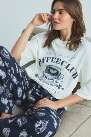 Next Blue Coffee Club Short Sleeve Flannel 100% Cotton Pyjamas