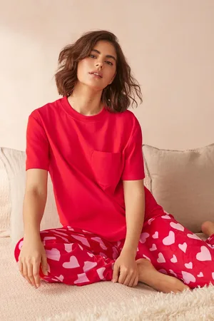 Next Red Heart Short Sleeve and Fleece Bottom Pyjamas