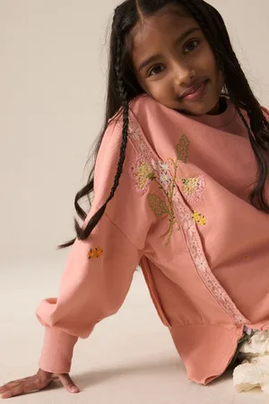Next Blush Oversized Embroidered Floral Print 100% Cotton Sweatshirt with Raw Edge Detail (3-16yrs)