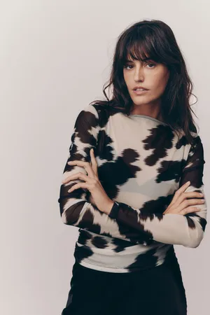 Next Cow Print Long Sleeve Ruched Side Mesh Top