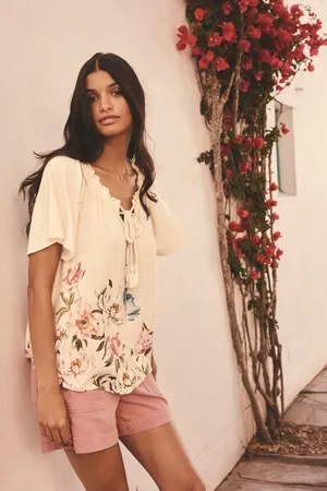 Next Floral Placement Print Short Sleeve Tie Neck Bardot Top