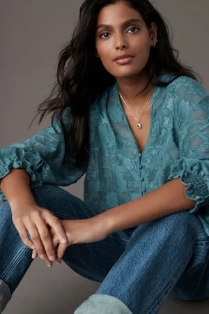 Next Teal Jacquard Boho Long Sleeve Tie Neck Blouse