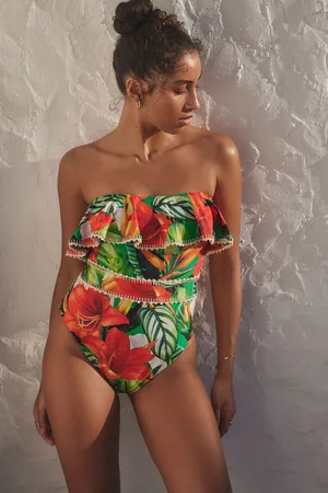 Next Red/ Tropical Crochet Frill Tummy Control Bandeau Swimsuit