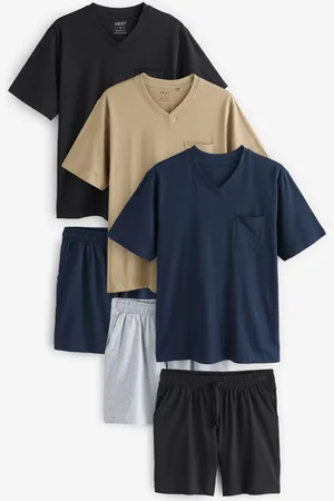 Next Blue/Tan V-Neck Jersey Pyjamas 100% Cotton Shorts Set 3 Pack