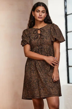 Next Leopard Animal Textured Jersey Puff Sleeves Tie Front Detail Mini Dress