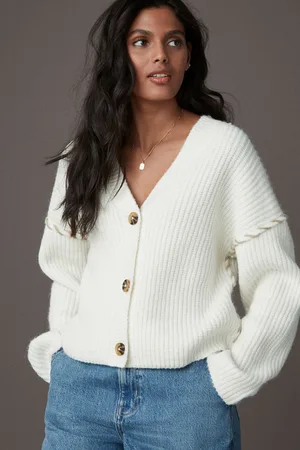 Next Ecru Contrast Stitch Button Up V-Neck Cardigan