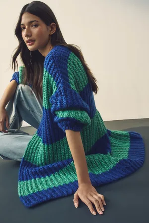Next Green Stripe Chunky Knitted Longline Bright Cardigan