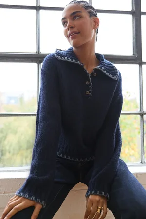 Next Blue Knitted Polo Jumper with Stitch Collar Detail