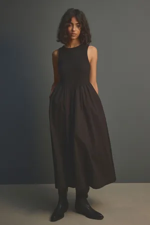 Next Woven Jersey Mix Sleeveless Racer Ribbed Midi Dress