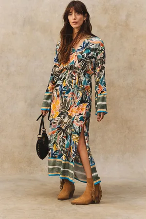 Next Green/ Palm Print Kimono Sleeve Tie Waist Maxi Dress