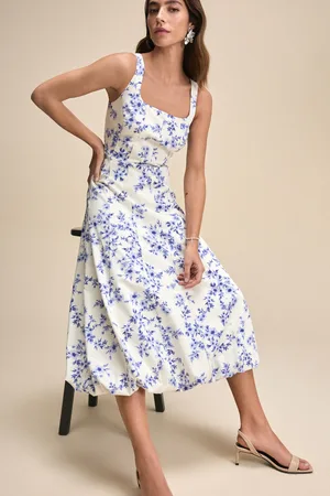 Next /Blue Floral Square Neck Puff Hem Midi Dress
