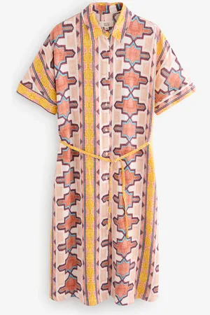 Next Geometric Print Short Sleeve Tie Waist Midi Dress with Linen
