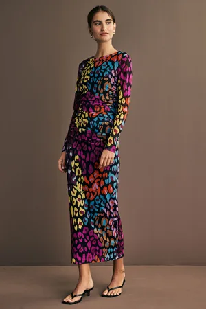 Next Bright Multi Animal Print Long Sleeve Placement Floral Mesh Maxi Dress