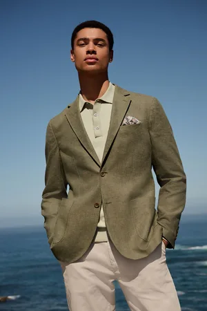 Next Khaki Regular Fit Textured Linen Blend Blazer
