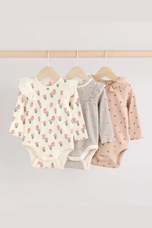 Next Cream/ Tan/ Flower Print Baby Long Sleeve Frill Bodies 3 Pack