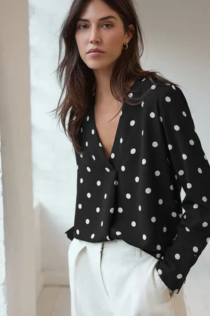 Next /White Spot Relaxed Fit Long Sleeve Overhead V-Neck Blouse