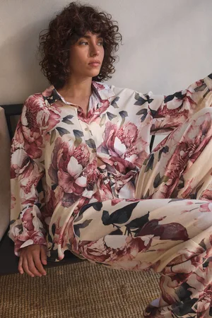 Next Ecru Floral Linen Blend Button Through Pyjamas