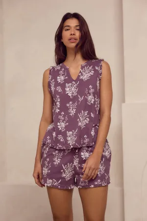 Next Purple Floral 100% Cotton Frill Vest Short Set Pyjamas