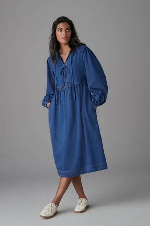 Next Mid Tie Front Denim Midi Smock 100% Cotton Dress