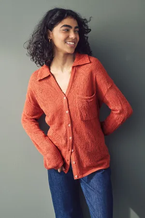 Next Orange Button Up Open Stitch Collared Knitted Shirt Jumper