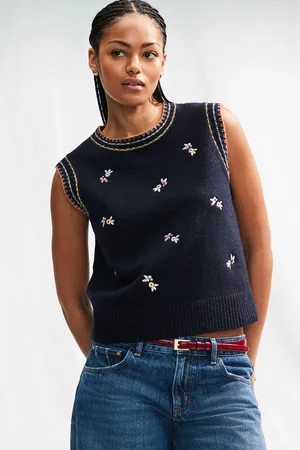 Next Blue Embroidered Floral Print Sleeveless Knitted Tank