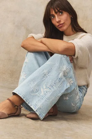 Next Bleach 100% Cotton Embroidered Wide Leg Jeans