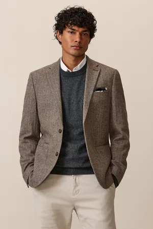 Next Taupe Regular Fit Wool Rich Herringbone Blazer