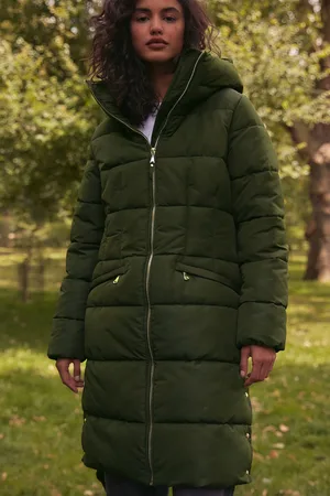 Next Khaki Shower Resistant Padded Puffer Hooded Mid Length Coat