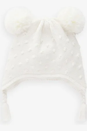 Next Ecru Double Pom Knitted Trapper Hat (0mths-2yrs)