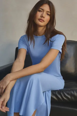 Next Sky Ribbed T-Shirt Style Column Maxi Dress With Slit Detail