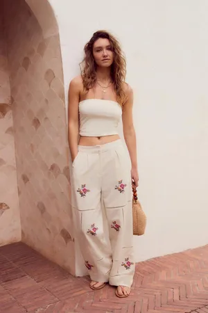 Next Embroidered Wide Leg Trousers With Linen