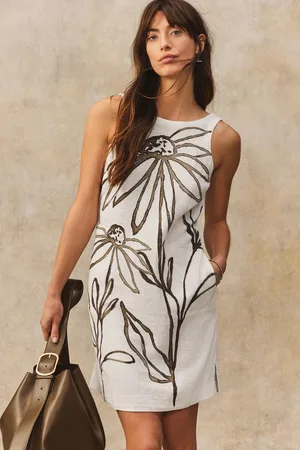 Next Mono Placement Floral Linen Scoop Back Mini Shift Dress