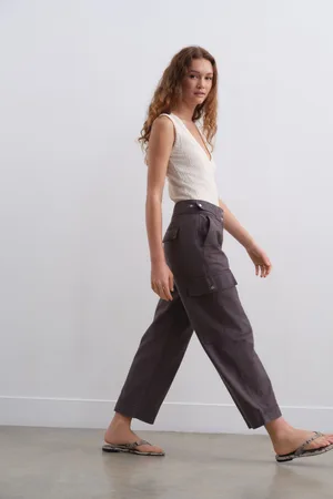 Next Charcoal 100% Cotton Cargo Barrel Leg Trousers