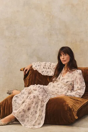 Next Ditsy Floral Long Sleeve V-Neck Tiered Sheer Lace Boho Midi Dress