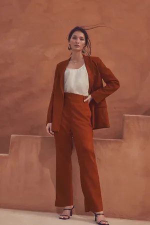 Next Rust Elastic Back Wide Leg Trousers With Linen