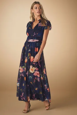 Next Blue Floral Pleated Mesh Print V-Neck Occasion Midi Dress