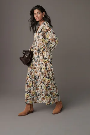 Next Ditsy Floral Print V-Neck Boho Belted Jersey Midi Shirt Dress