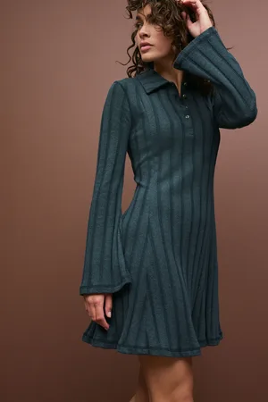 Next Petrol Collared Long Sleeve Ribbed Mini Dress