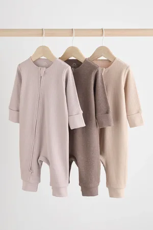 Next Chocolate 100% Cotton Two Way Zip Baby Sleepsuit 3 Pack (0mths-3yrs)