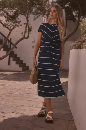 Next Blue/White Stripe 100% Cotton Twist Short Sleeved T-Shirt Summer Dress