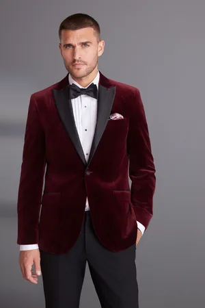 Next Burgundy Red Slim Fit Signature Pontoglio Italian Fabric Velvet Blazer