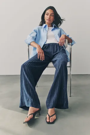 Next Pinstripe Linen Rich Wide Leg Trousers
